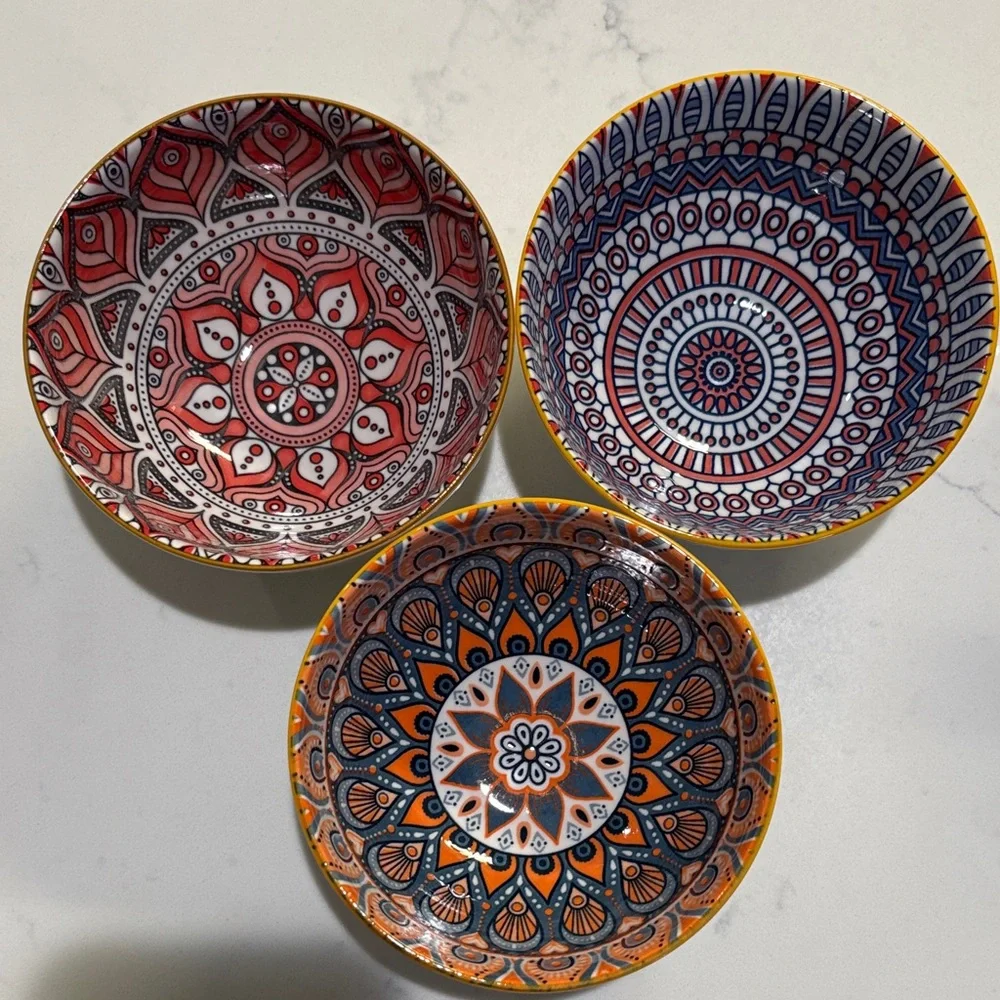 Hand-Painted Mandala Ceramic Bowls - Set with Red, Blue & Orange Designs 3 Bowls - Picture 2 of 6